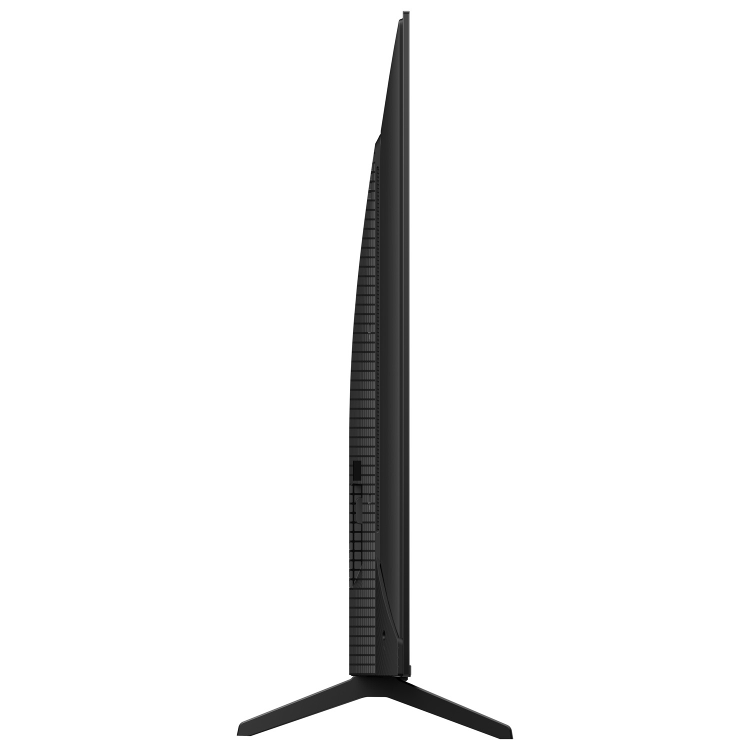 Téléviseur noir de côté, avec support et design élégant et fin.