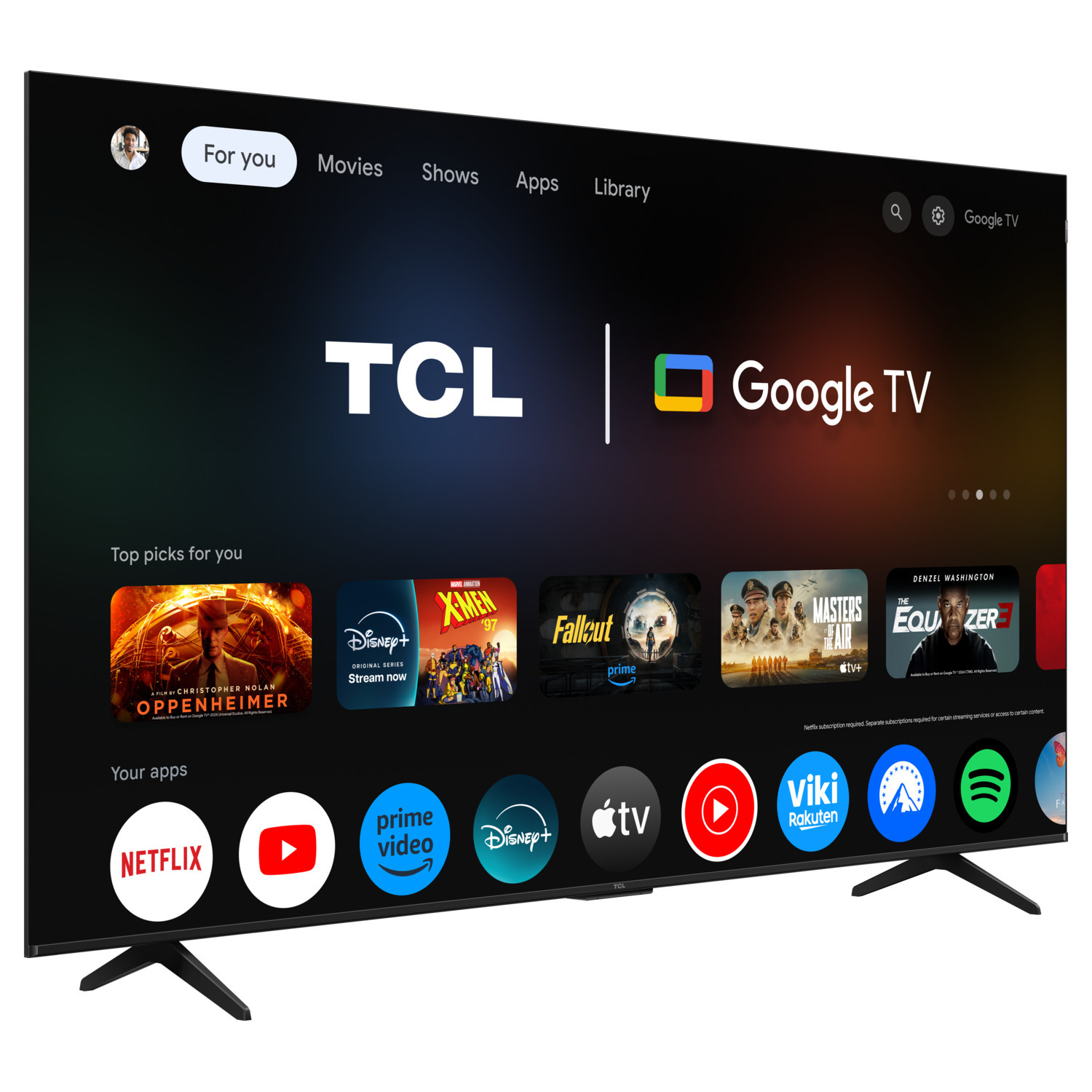 TCL Google TV, displays app icons for Netflix, YouTube, and more, and various movie posters.