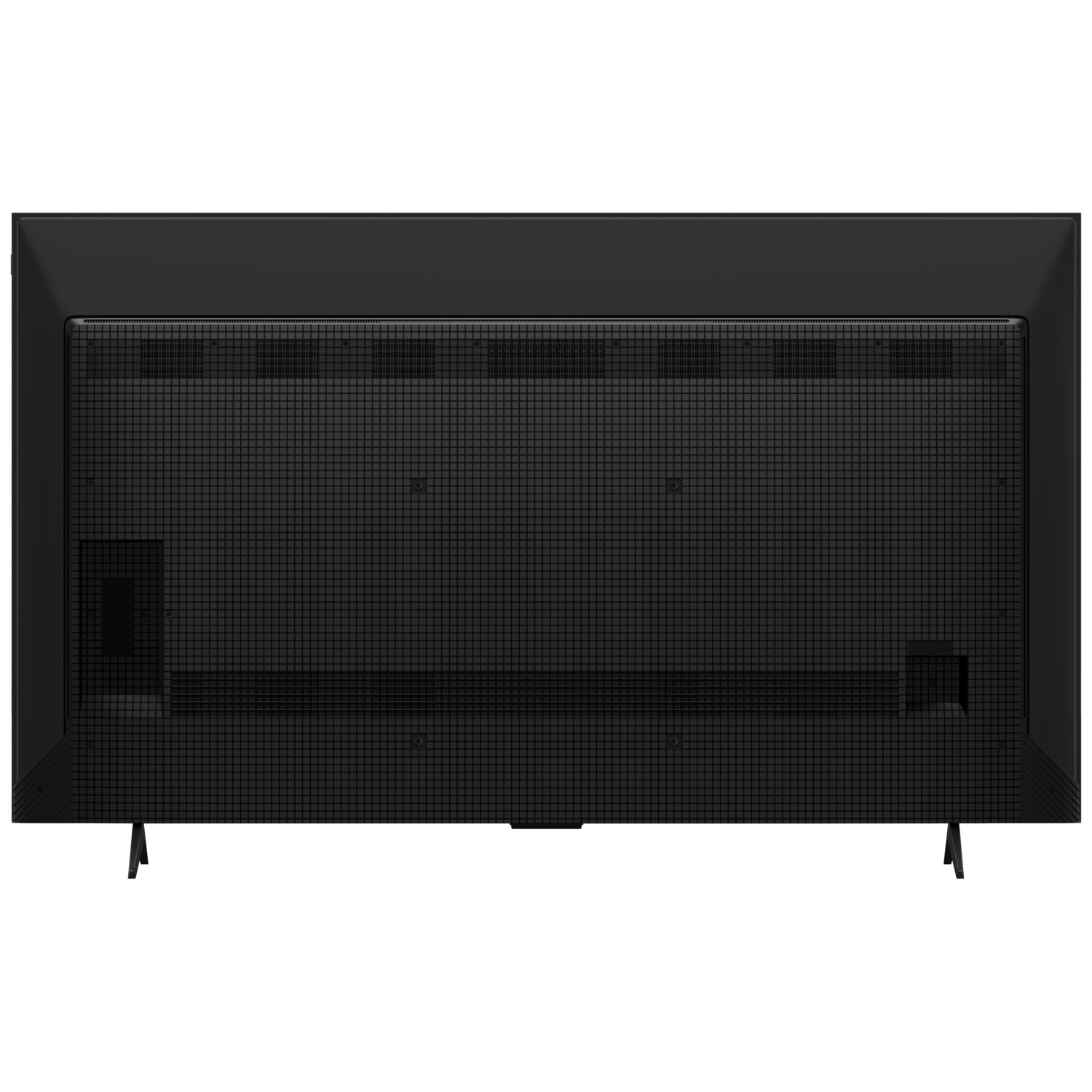 Back of a black TV with a grid pattern, two legs, and various ports.