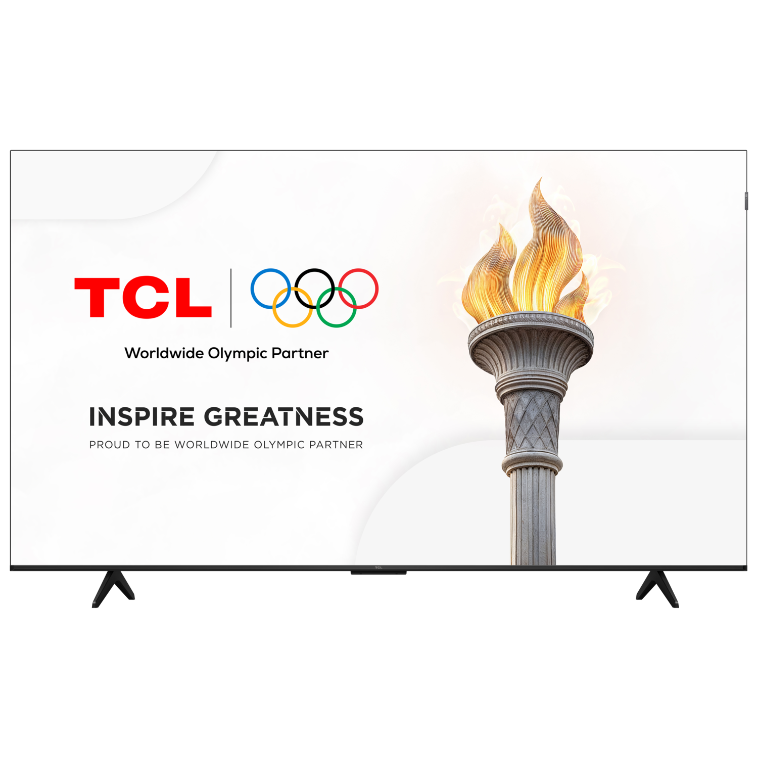 A TV screen displays the Olympic rings, a torch, and the TCL logo.