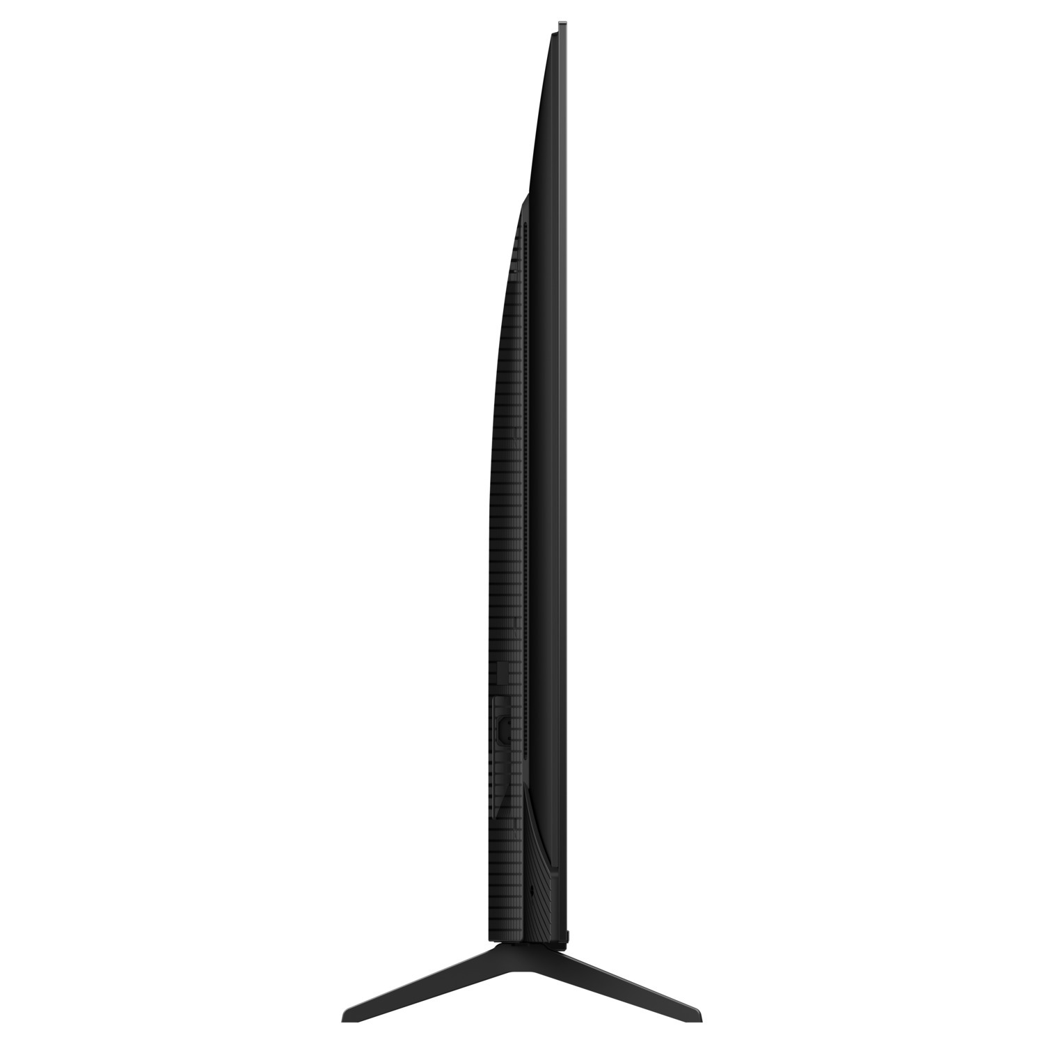 Vue latérale d'une télévision noire avec un pied, montrant son profil mince et son design.