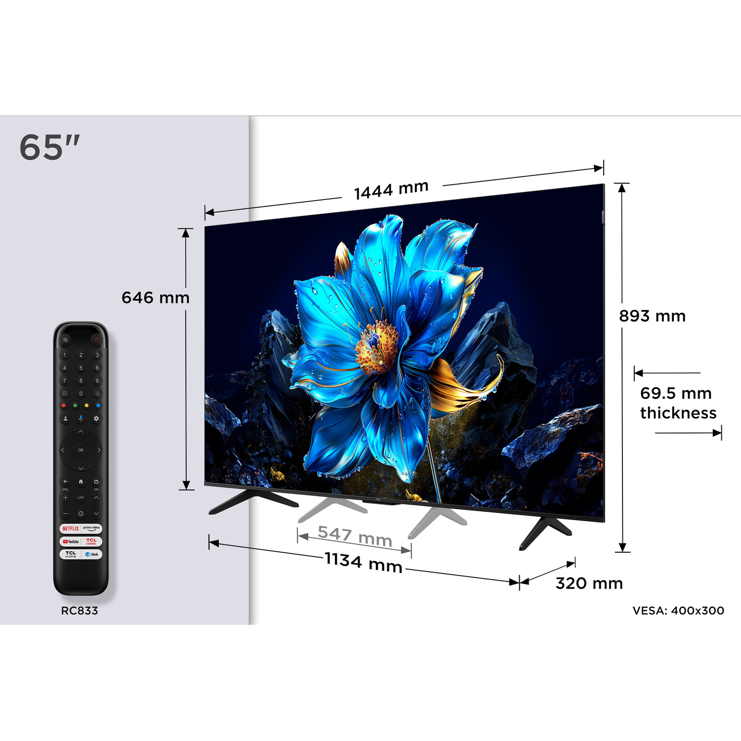 TV avec image de fleur et télécommande. Dimensions et télécommande avec mesures et caractéristiques.