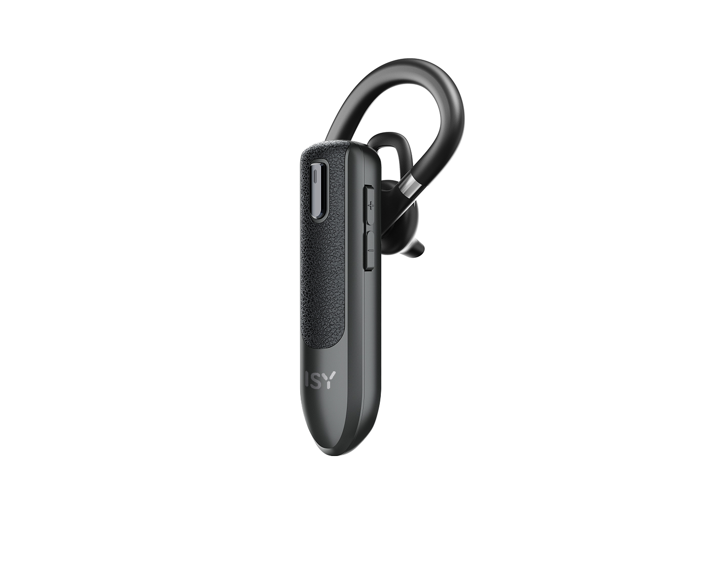 Schwarzes kabelloses Headset, angewinkelt und Seitenansicht. Mit Ohrbügel und Mikrofon.