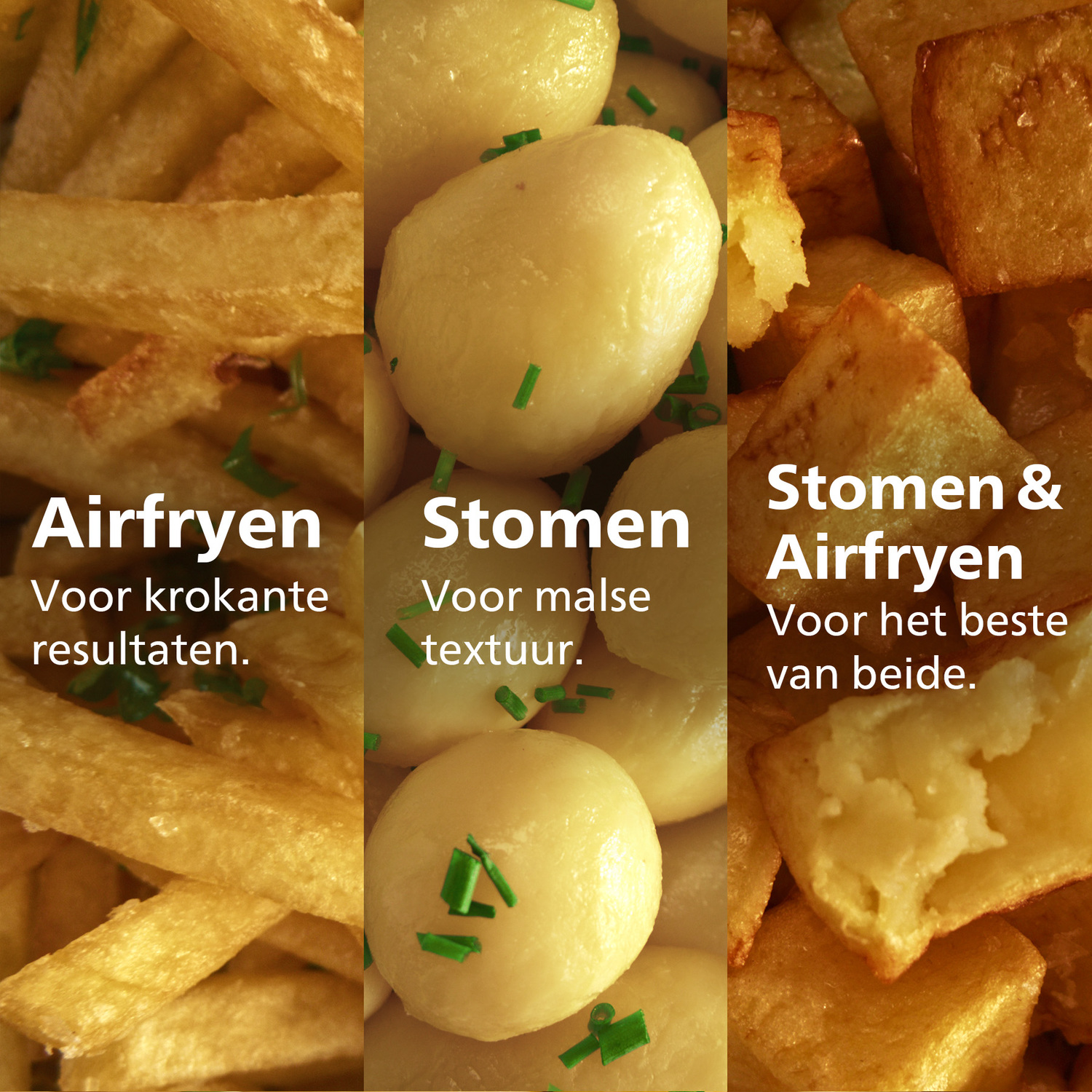 Close-up van gefrituurde, gestoomde en luchtgebakken aardappelen met tekstlabels.