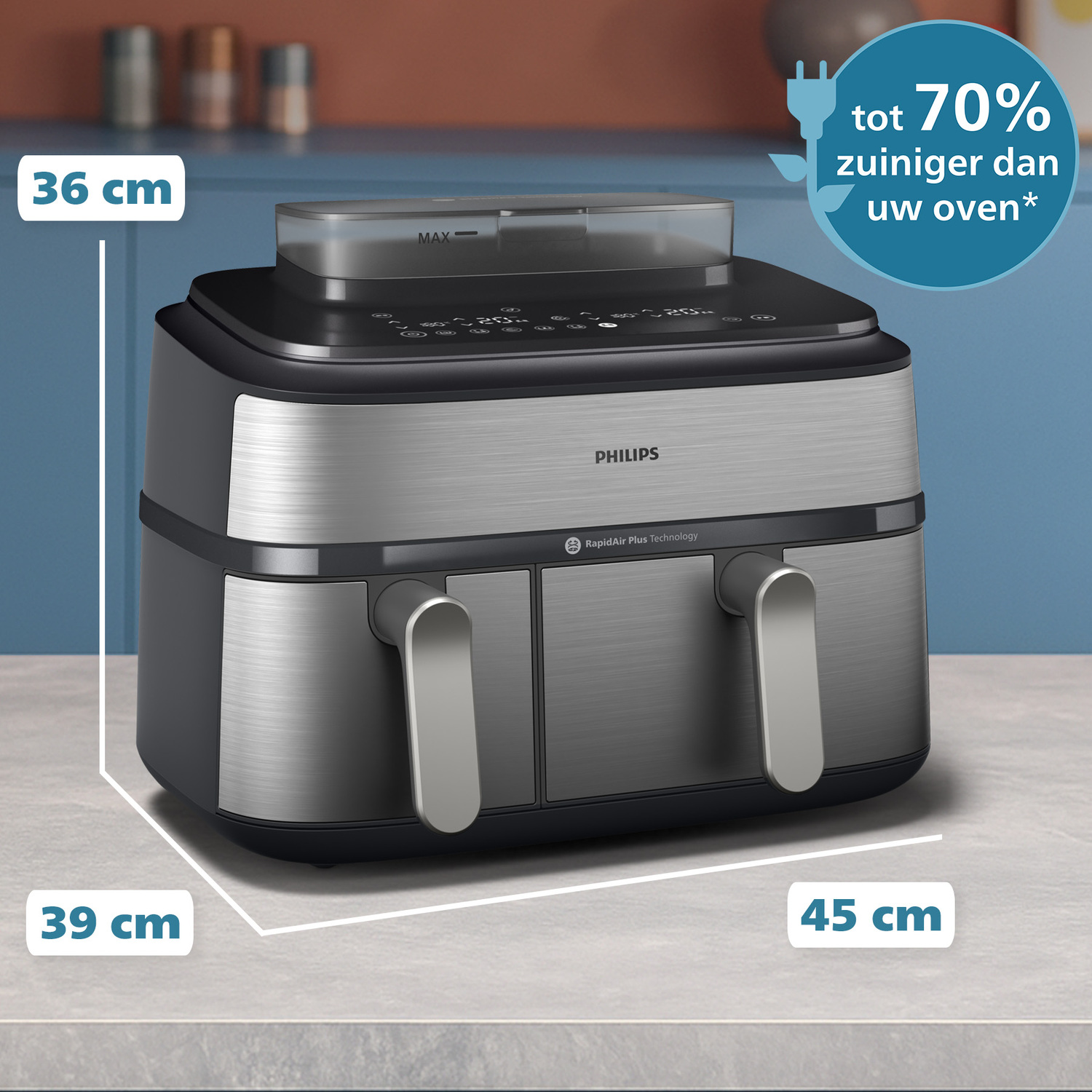 Zilveren en zwarte Philips airfryer met afmetingen en tekst over energie-efficiëntie.