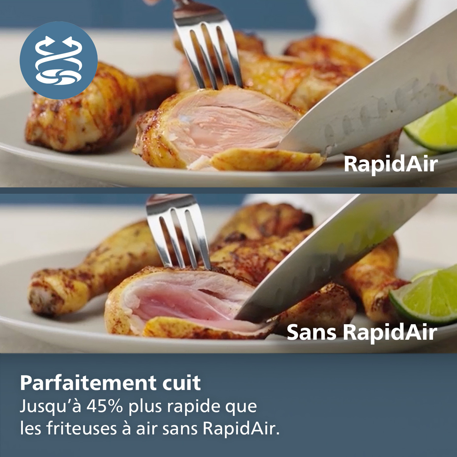 L'image montre du poulet en train d'être coupé. L'image du haut dit, RapidAir. Le bas dit, Sans RapidAir.