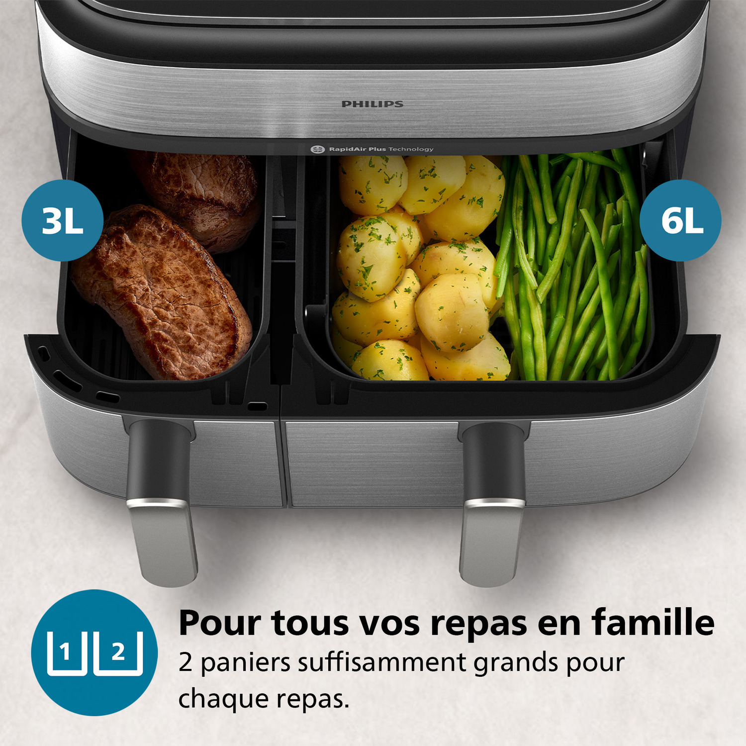 Friteuse à air double avec viande, pommes de terre et haricots verts dans des paniers séparés. Capacité 3L et 6L.