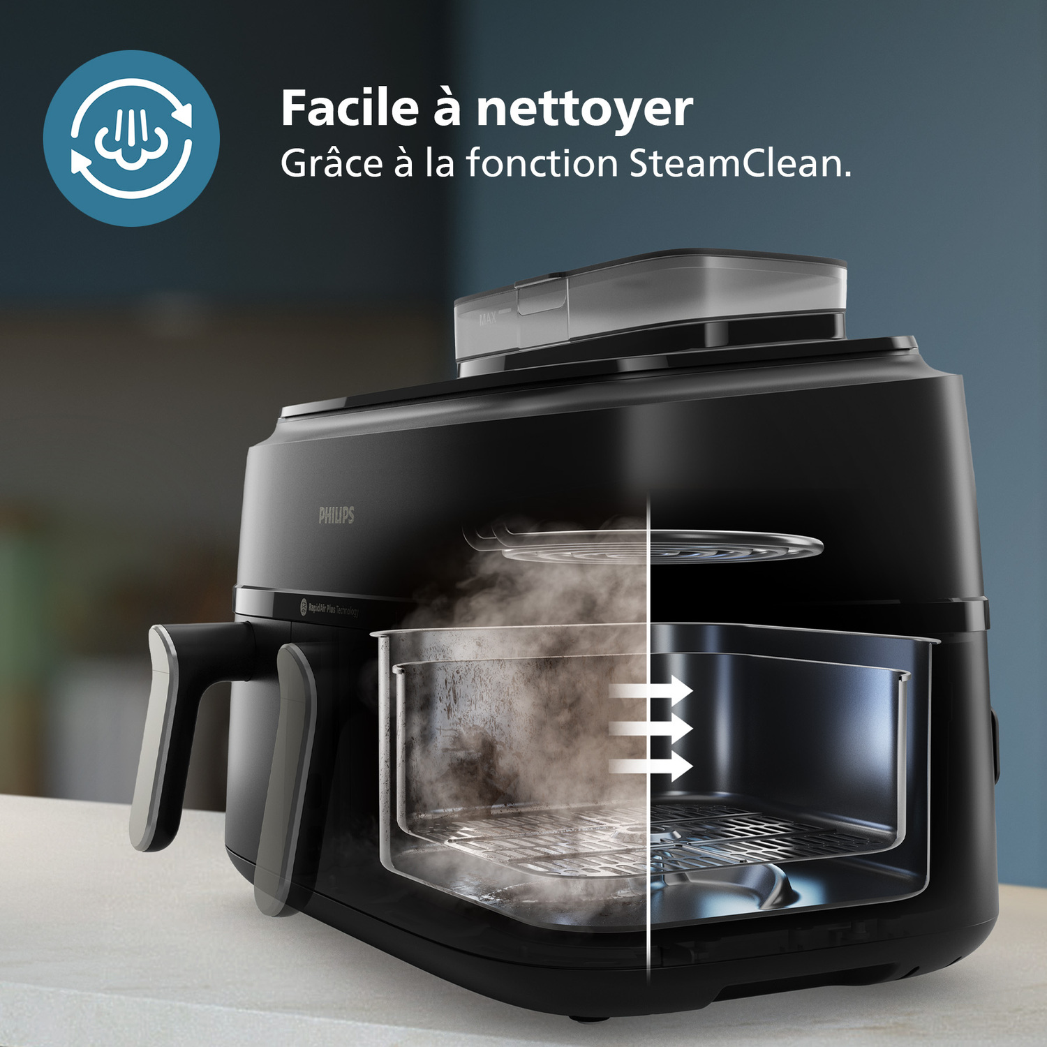 Friteuse à air Philips noire avec texte et images. La fonction SteamClean est mise en avant.