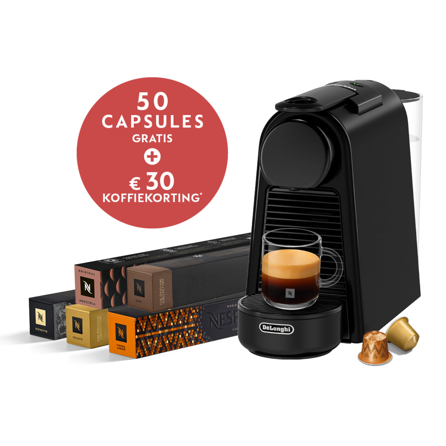 Nespresso machine with capsules, coffee cup, and discount details on a red circle.