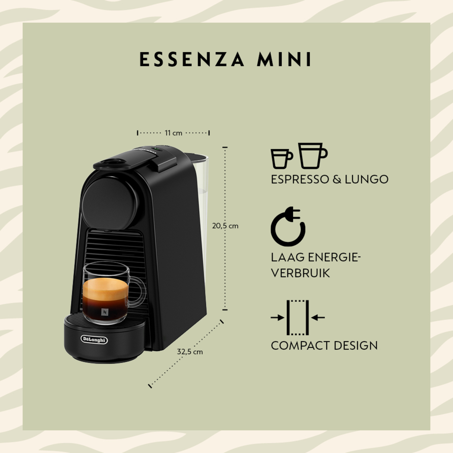 Black Essenza Mini coffee machine with dimensions and icons indicating espresso, energy use and compact design.