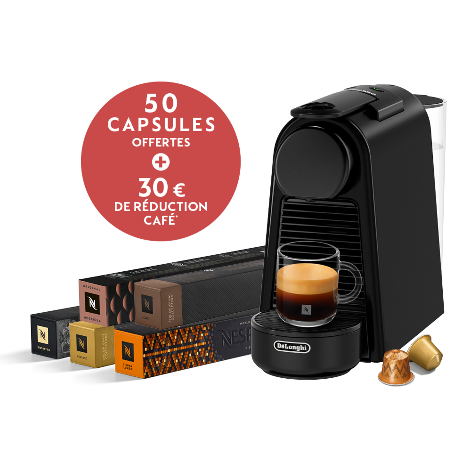 Une machine à café avec des capsules, une tasse de café et un signe de réduction.