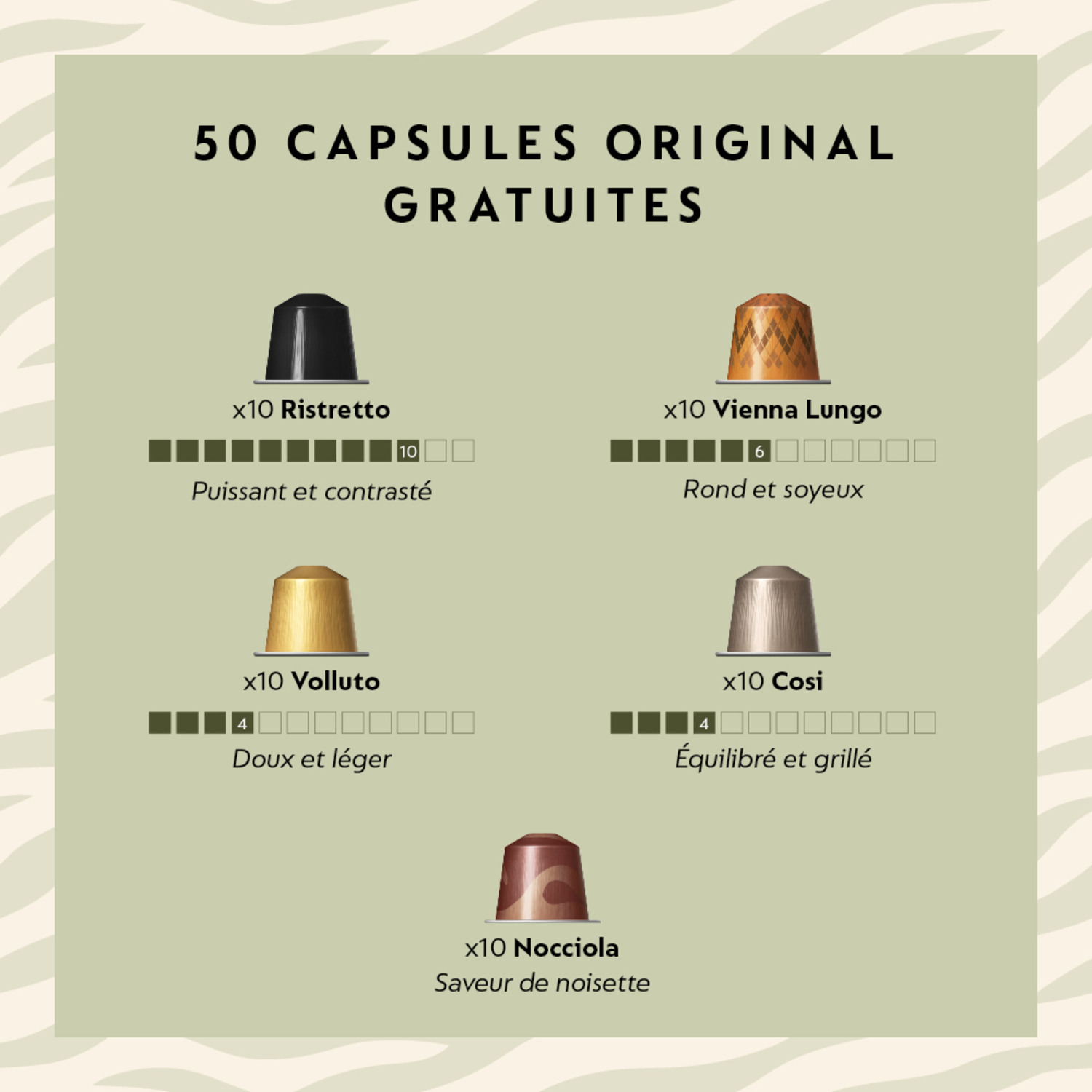 Disposition des capsules de café. 50 capsules avec 5 saveurs et descriptions différentes.