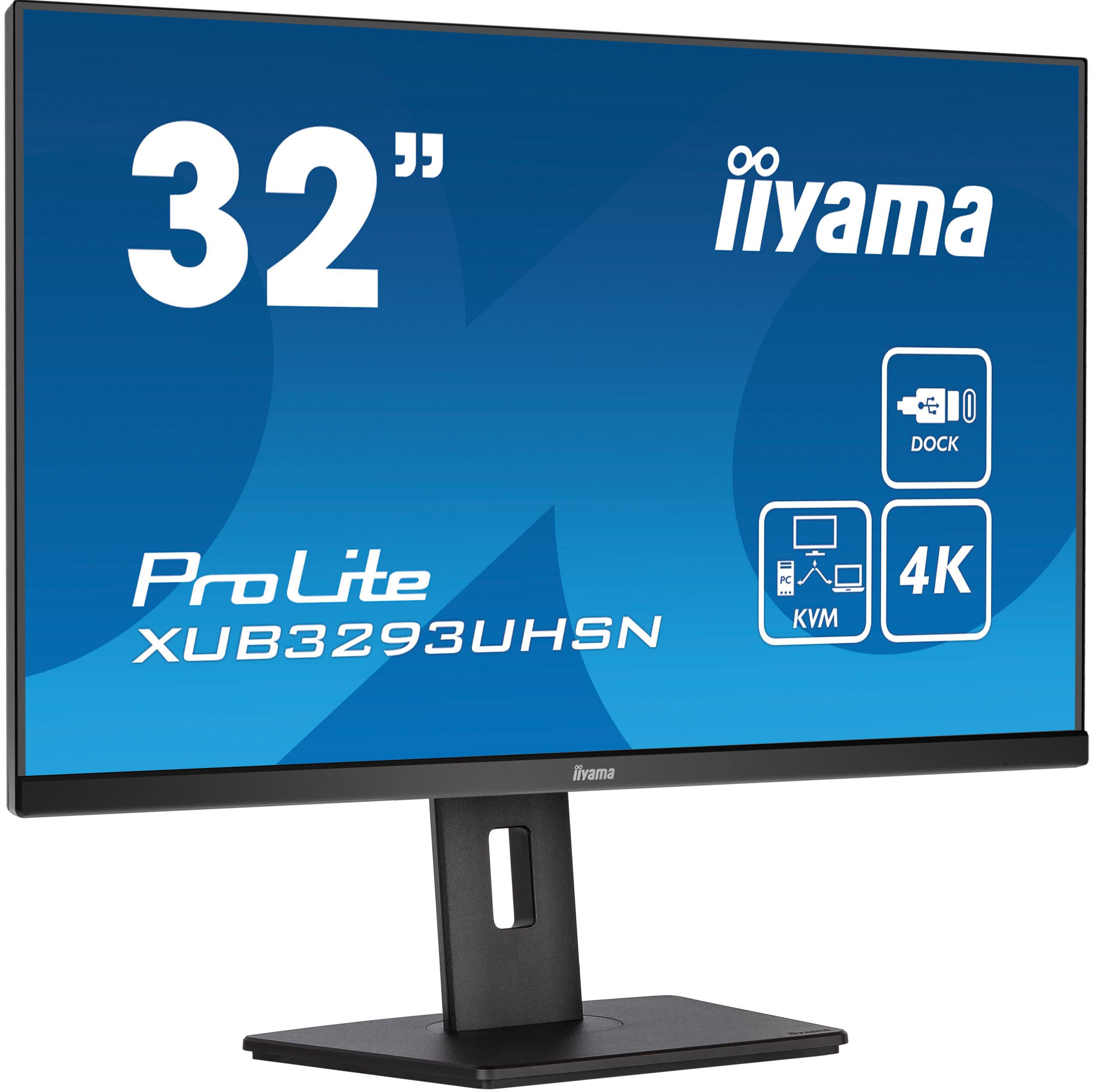32-Zoll iiyama ProLite Computermonitor mit schwarzem Ständer. Funktionen: Dock, KVM und 4K.