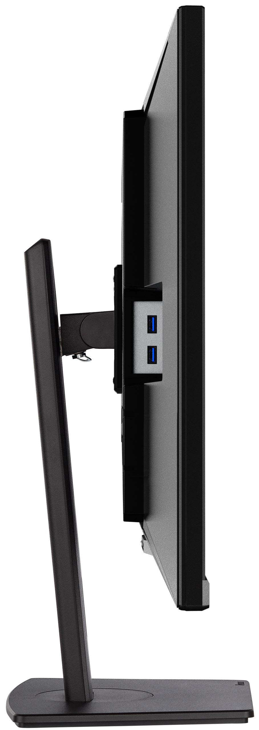 Seitenansicht eines schwarzen Computermonitors. Er hat einen Ständer und Anschlüsse an der Seite.