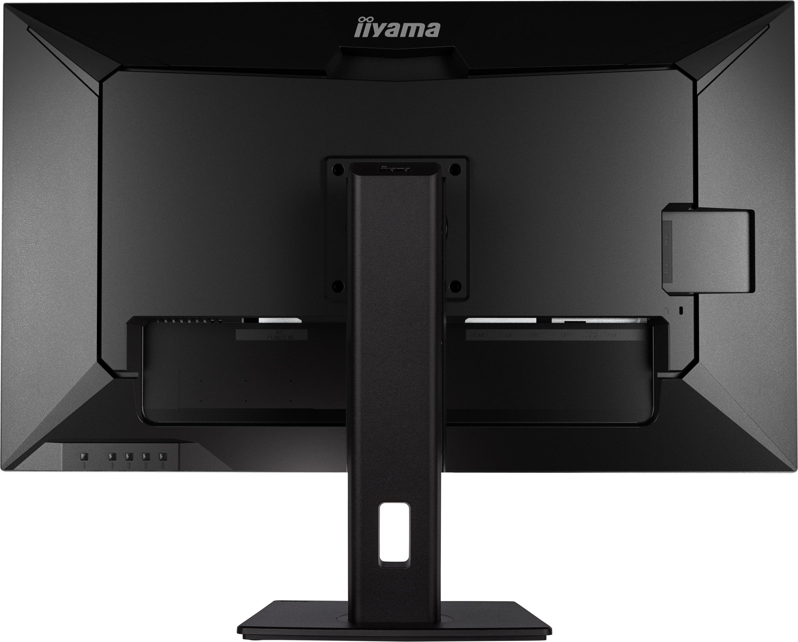 Schwarzer Monitorrücken. Ständer in der Mitte, Anschlüsse unten. Iiyama-Logo oben.