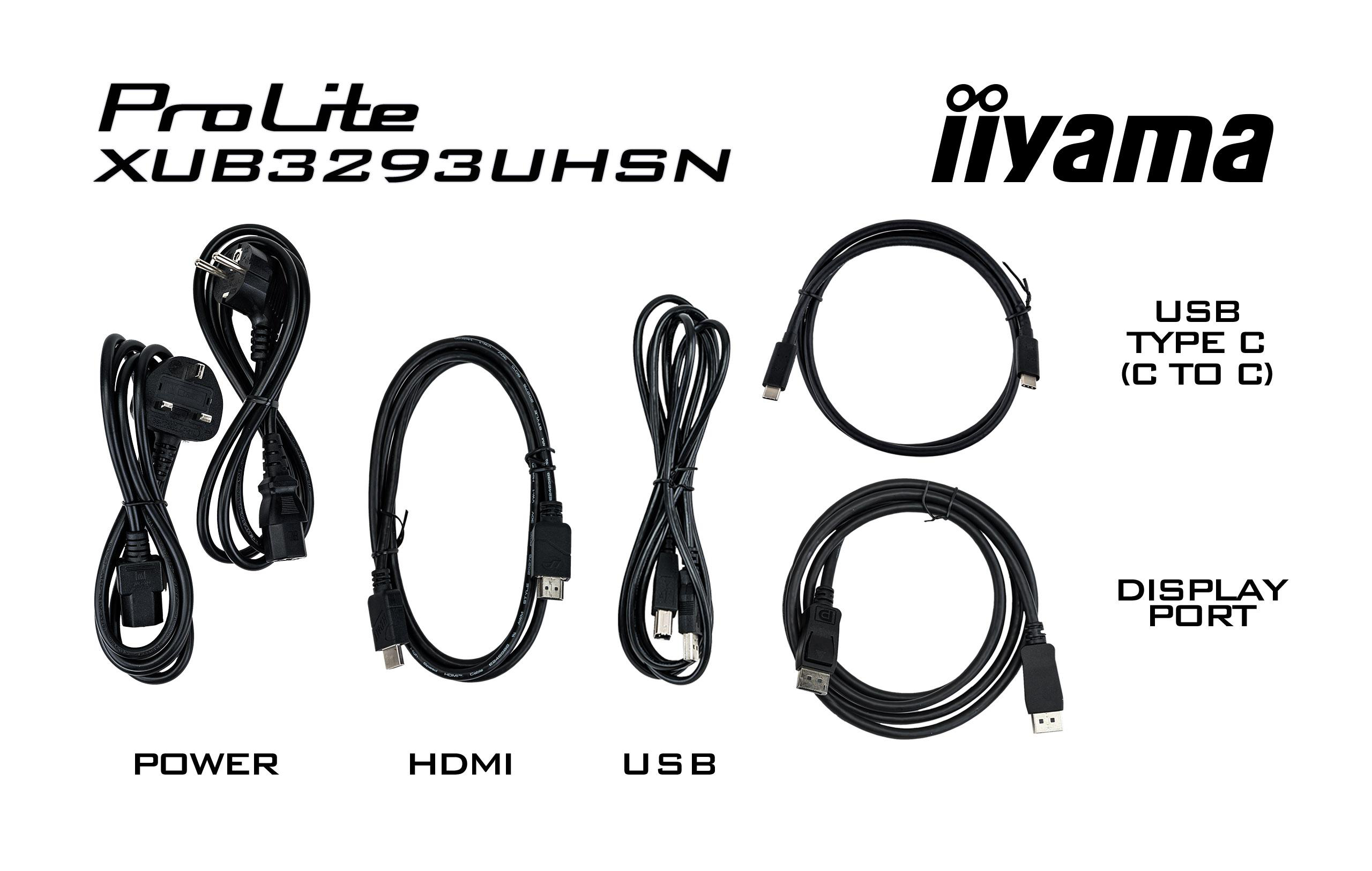 Verschiedene Kabel sind angeordnet und beschriftet: Strom, HDMI, USB und Display Port, mit weißem Hintergrund.