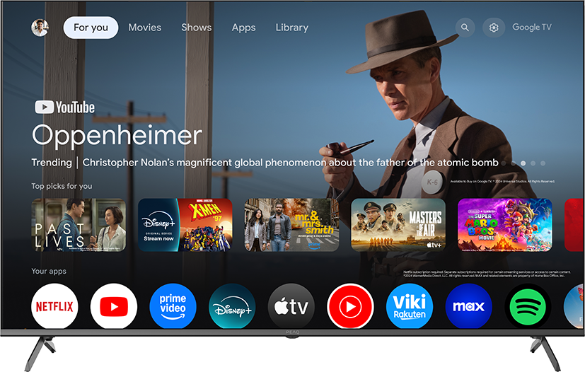 Egy okos TV, amely egy film streaming alkalmazást mutat. Egy kalapos férfi látható a képernyőn. Alkalmazások alul.