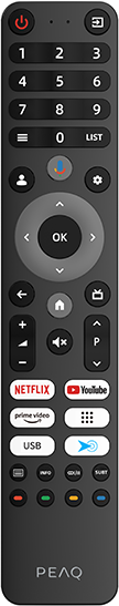 Egy fekete távirányító sok gombbal, beleértve a Netflixet, a YouTube-ot és az USB-t.