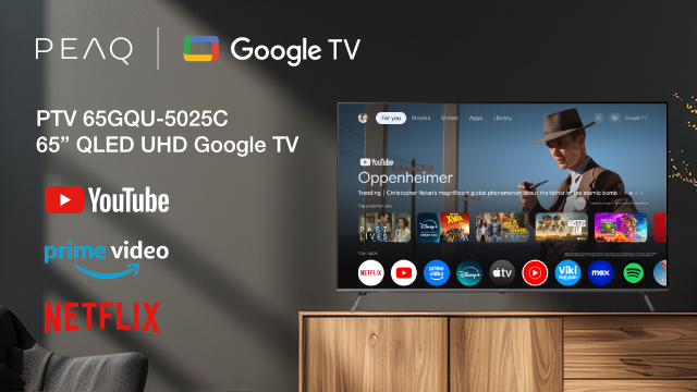 TV a "Oppenheimer" filmet mutatja. YouTube, Prime Video és Netflix logók. Modern design, fekete keret.