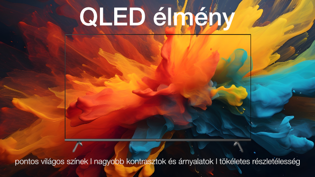 QLED TV színes robbanás háttérrel. A képernyő fekete, vékony szegéllyel.