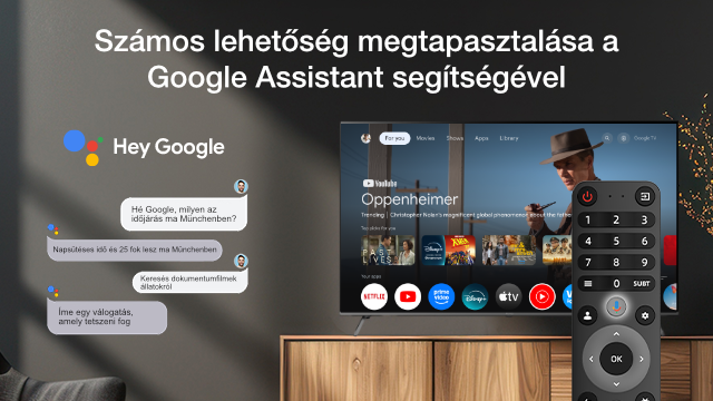 A TV képernyő Google Assistant interakciókat jelenít meg. A távirányító a jobb alsó sarokban van.
