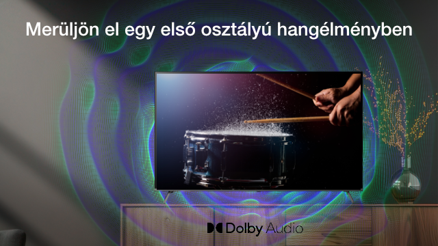 TV-reklám dob jelenettel, hanghullámokkal és Dolby Audio logóval.