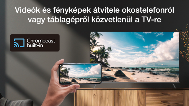 Egy telefon egy tengerparti jelenetet mutat, tükrözve a TV-képernyőn látható jelenetet.