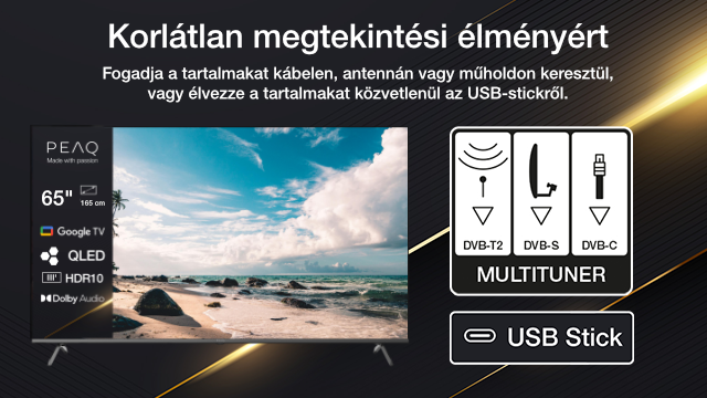 Egy hirdetés, amely egy TV-t mutat USB-kulccsal és a TV funkcióival kapcsolatos információkkal.