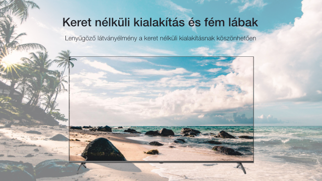 TV a strandon, szöveggel a keret nélküli dizájnról és a fém lábakról.