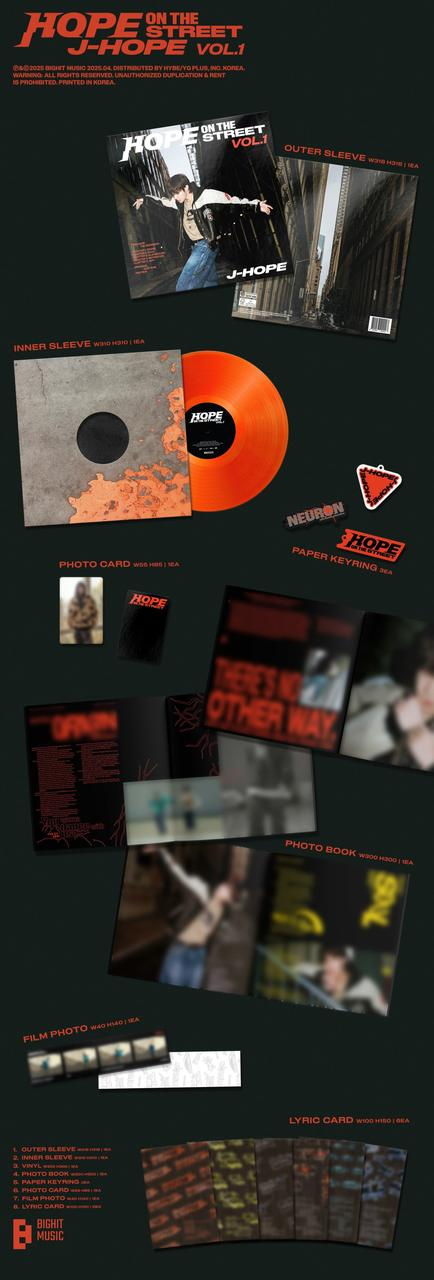 J-Hope Album-Layout. Orangefarbenes Vinyl, Fotokarten und ein Buch. Schwarz-rotes Thema.