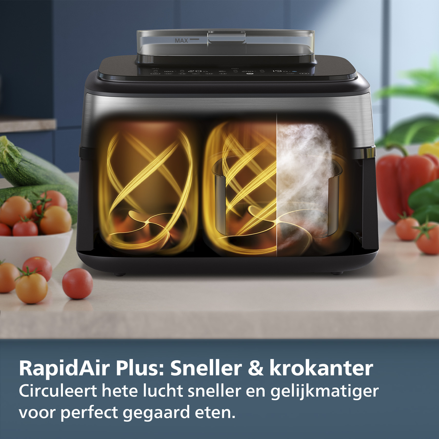 Een airfryer met eten erin, met RapidAir Plus-tekst eronder in het Nederlands.