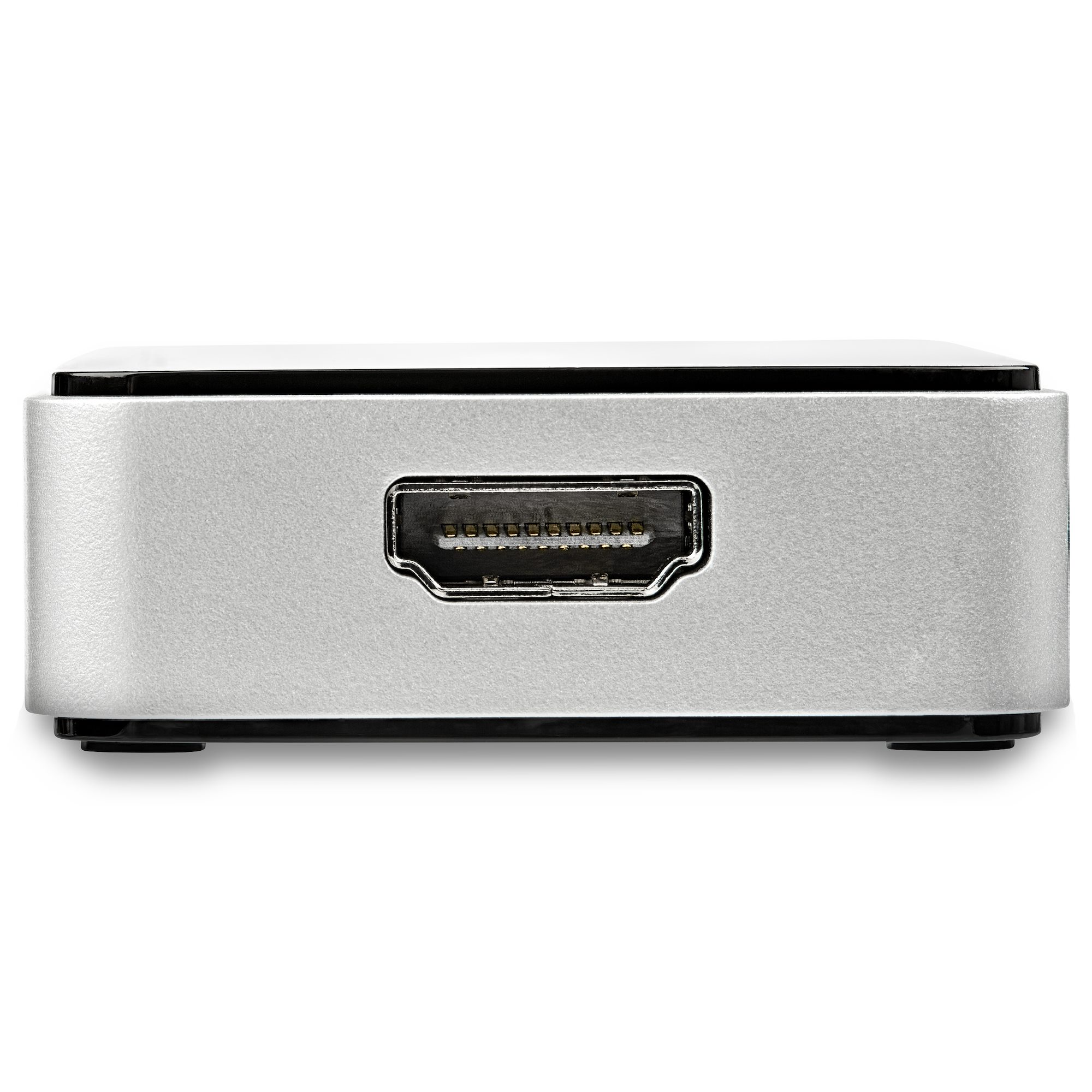 Ezüst HDMI port. Ezüst, téglalap alakú eszköz. Fekete alap. Tiszta, egyszerű design.