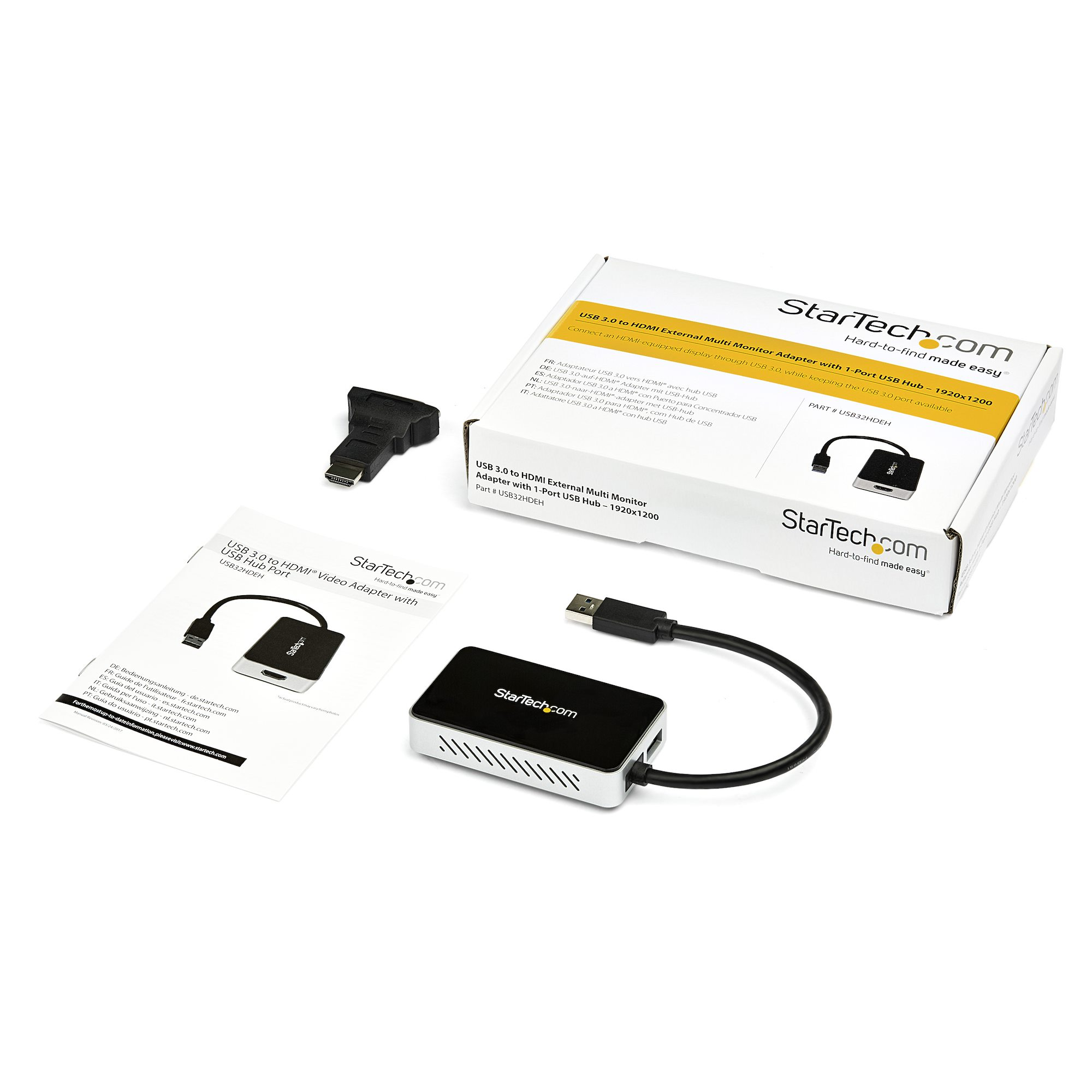 Doboz adapterrel, USB-kábellel és kézikönyvvel. Fehér háttér.