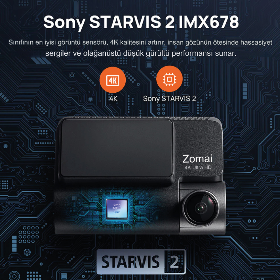 Zomai 4K Ultra HD araç kamerası, temel özellikler ve teknik özellikler, Türkçe metin.