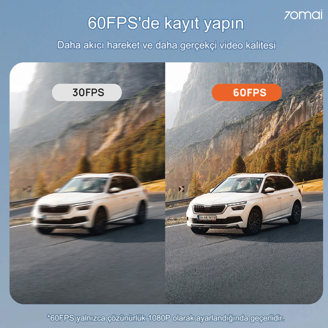 Video kaydı için 30FPS ile 60FPS'yi karşılaştıran bir görüntü. Yolda bir araba gösteriyor.