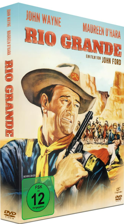 Filmplakat für 'Rio Grande' mit John Wayne in Cowboy-Outfit, der eine Waffe hält.