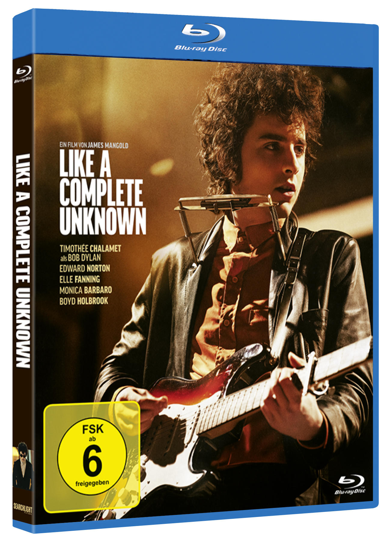 Blu-ray-Disc-Cover des Films 'Like a Complete Unknown' mit Timothée Chalamet.