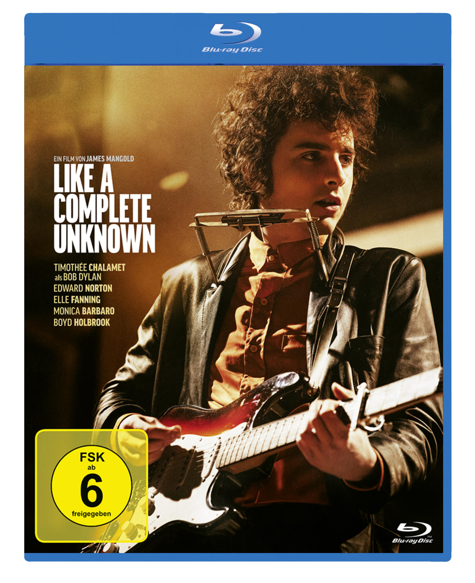 DVD-Cover: Mann mit Gitarre, Titel 'Like a Complete Unknown'. Schauspieler sind u.a. Timothée Chalamet.