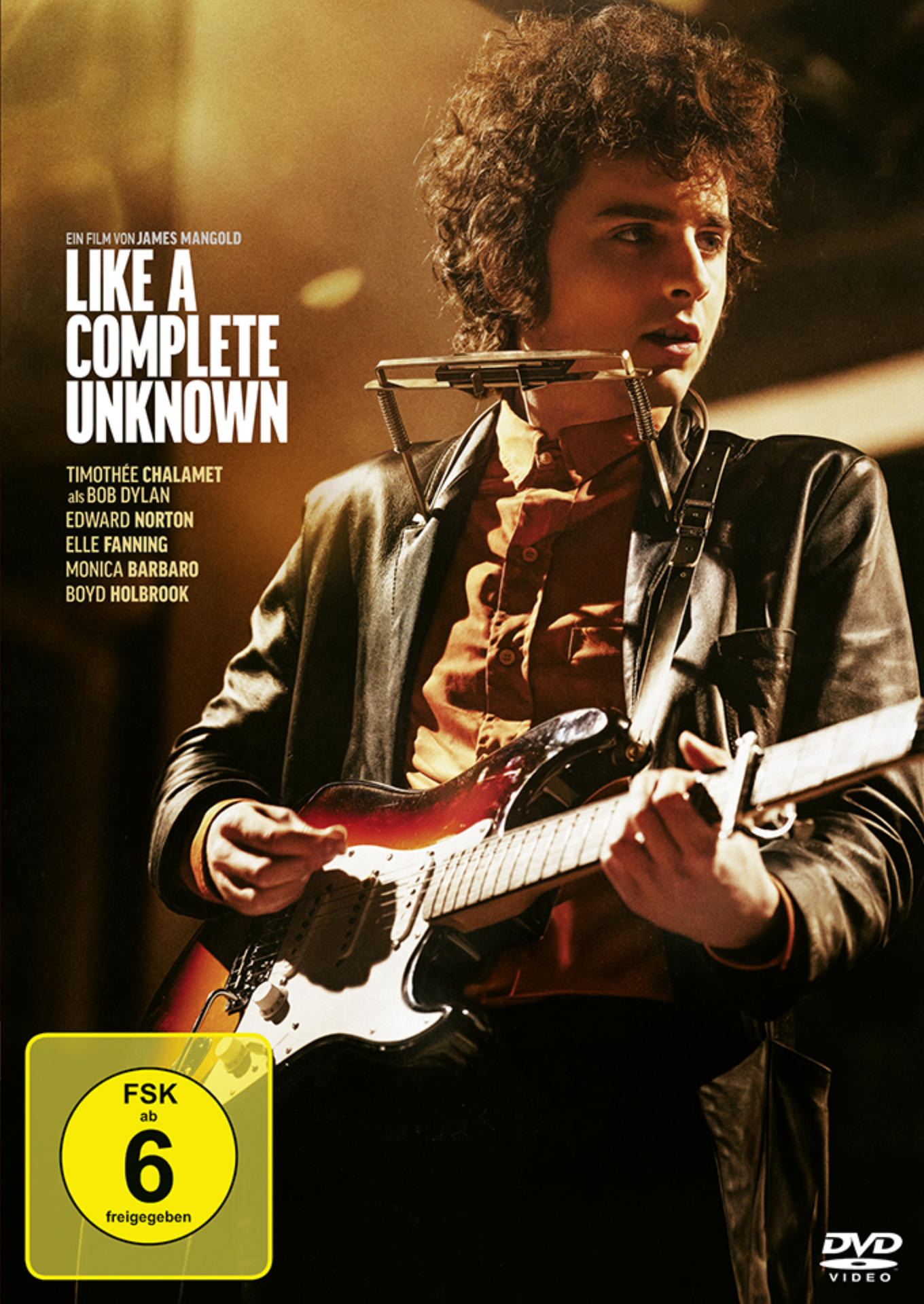 Filmplakat, Like a Complete Unknown, mit Timothée Chalamet mit Gitarre.