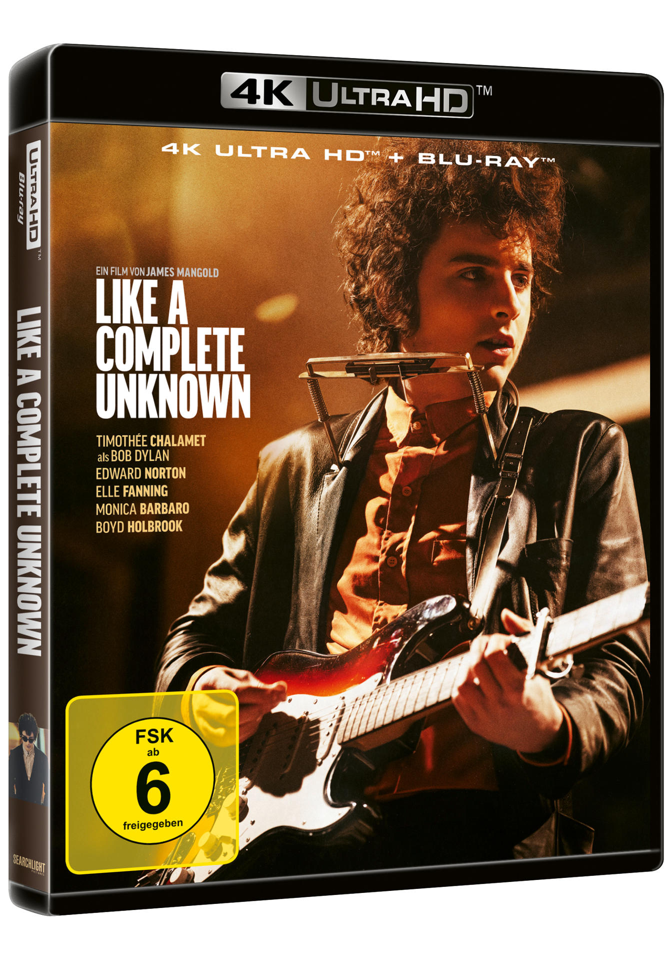 Ein Filmcover mit einem Porträt eines Mannes mit Gitarre. Der Titel lautet Like a Complete Unknown.