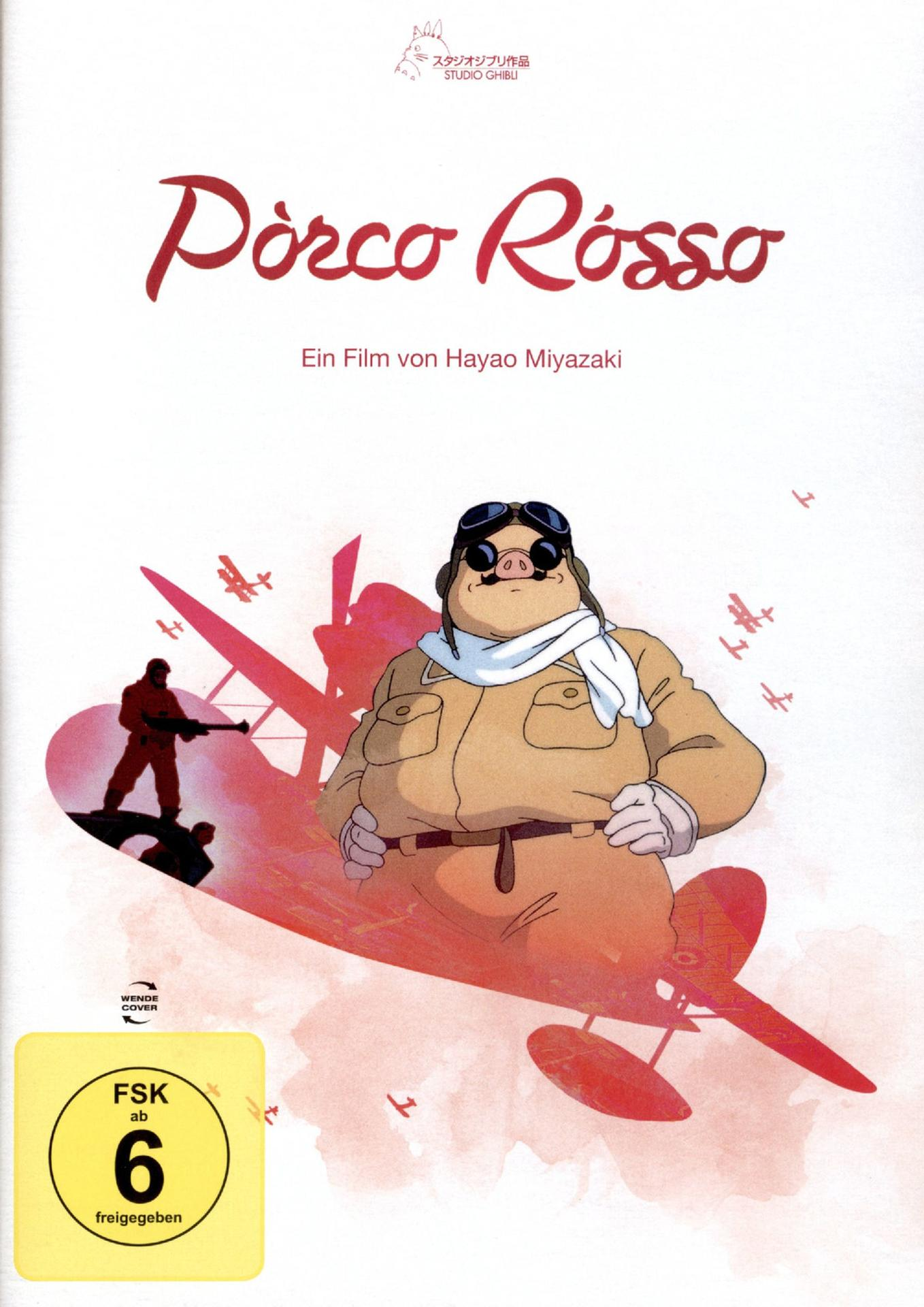 Cover des Films 'Porco Rosso'. Ein schweinegesichtiger Pilot in Fliegerausrüstung steht vor einem roten Flugzeug. Titel und Credits oben.