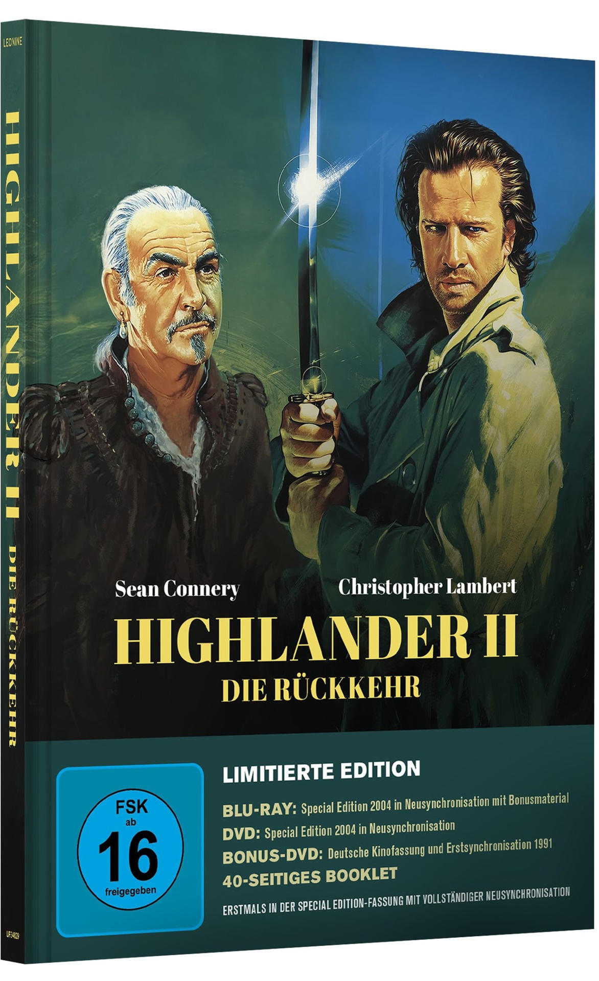 Eine DVD-Hülle des Films Highlander II. Sean Connery und Christopher Lambert sind auf dem Cover. Der Text ist auf Deutsch.