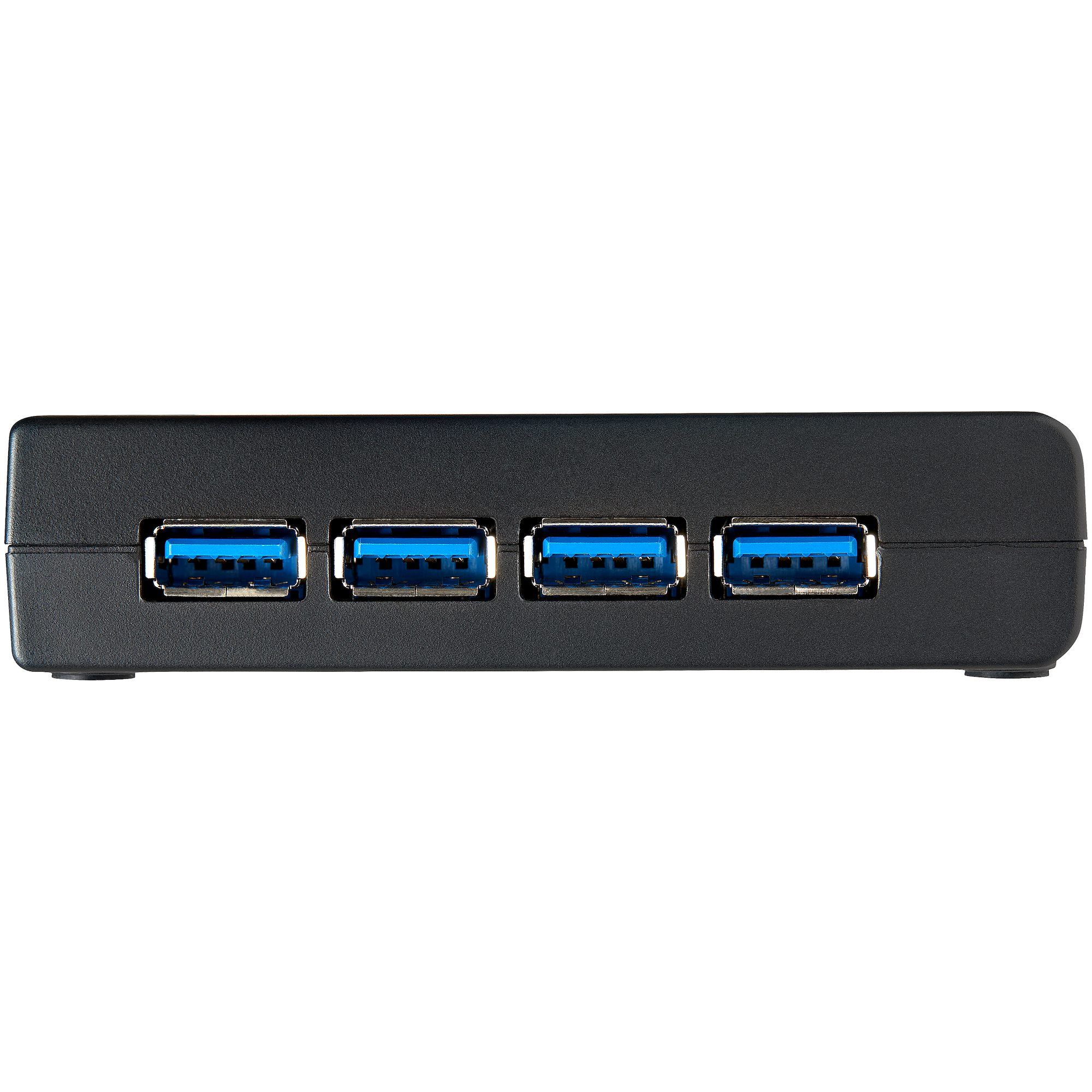 Egy fekete USB hub négy kék USB porttal.