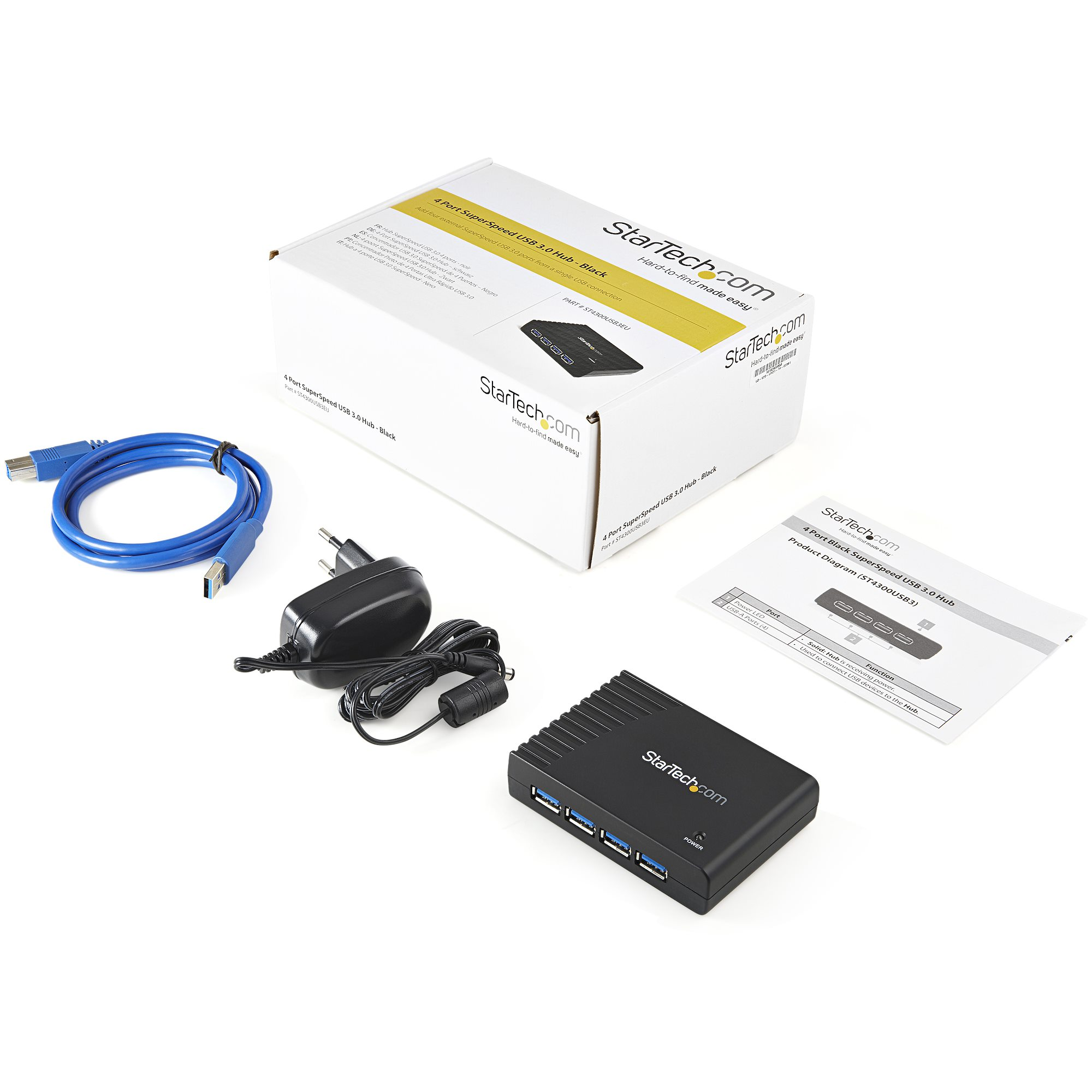 Egy StarTech USB hub készlet kábelekkel és hálózati adapterrel.