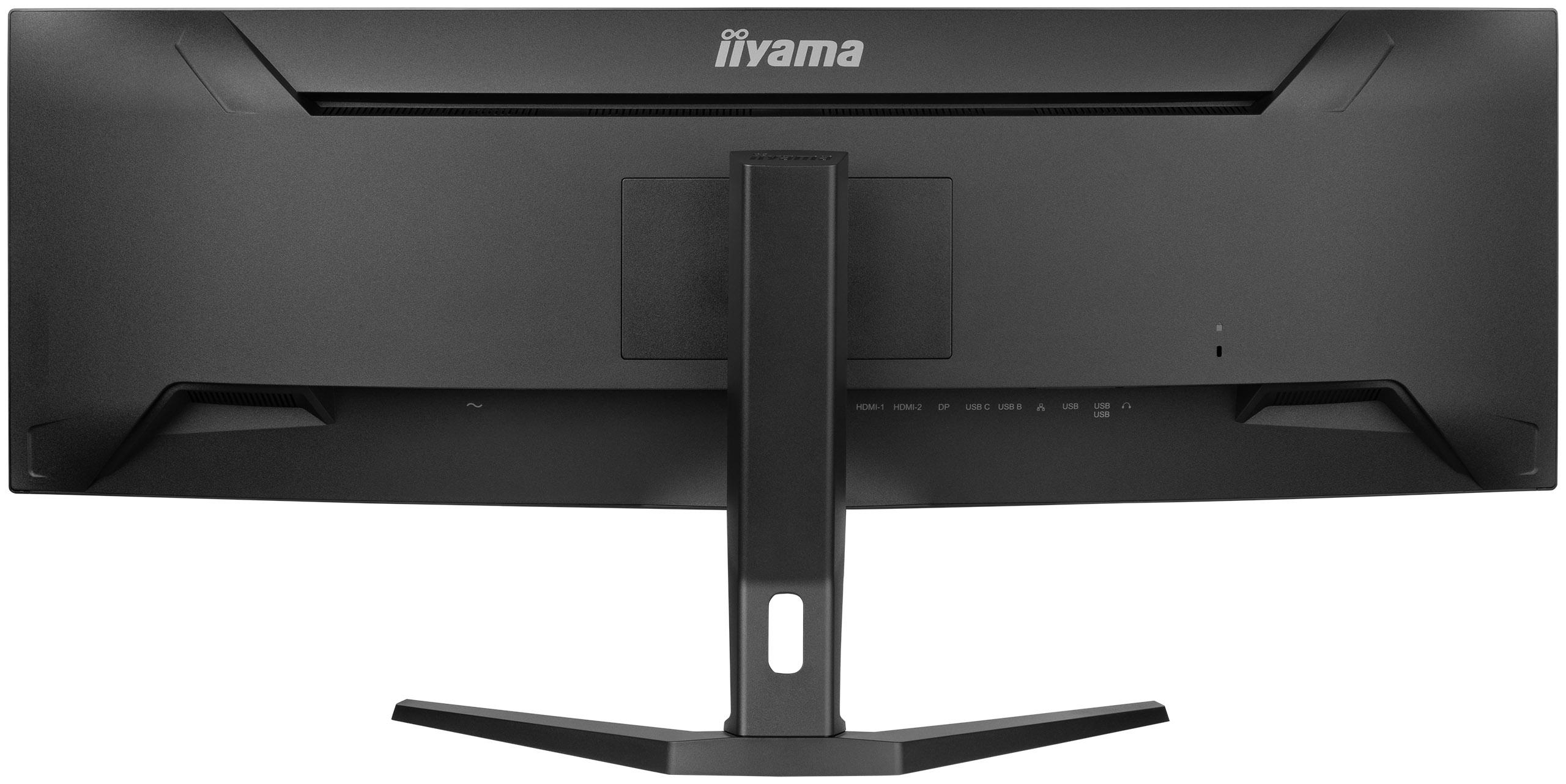 Die Rückseite eines schwarzen iiyama-Monitors mit verschiedenen Eingangsanschlüssen, oben das Markenlogo.