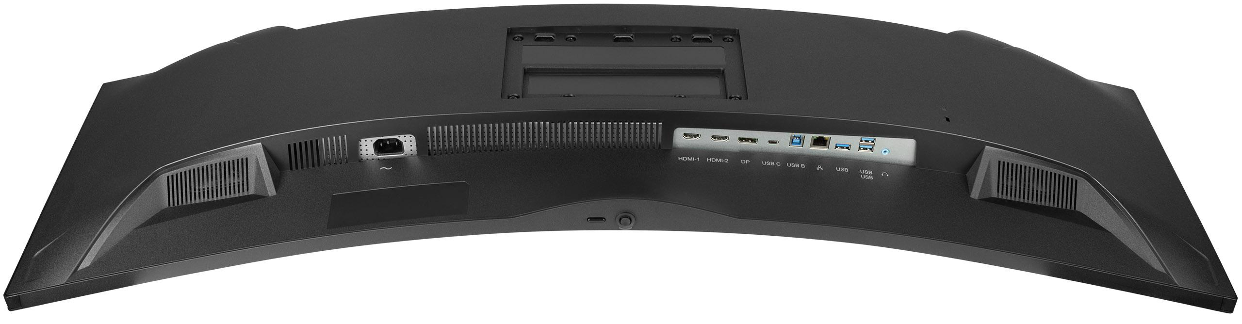 Gekrümmte schwarze Monitorrückseite. Anschlüsse für verschiedene Verbindungen. iiYama-Logo oben.
