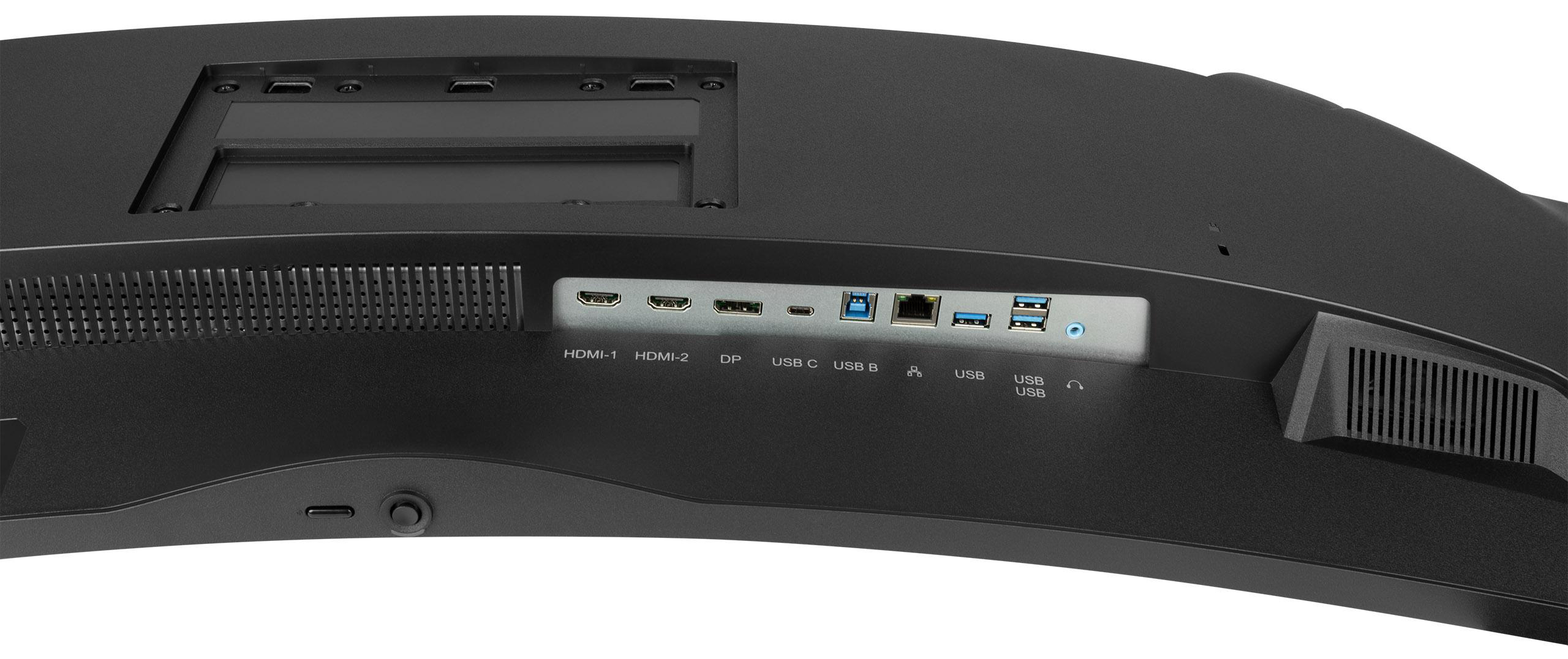 Nahaufnahme der Rückseite eines gewölbten Monitors. Zeigt verschiedene Anschlüsse: HDMI, USB und mehr.
