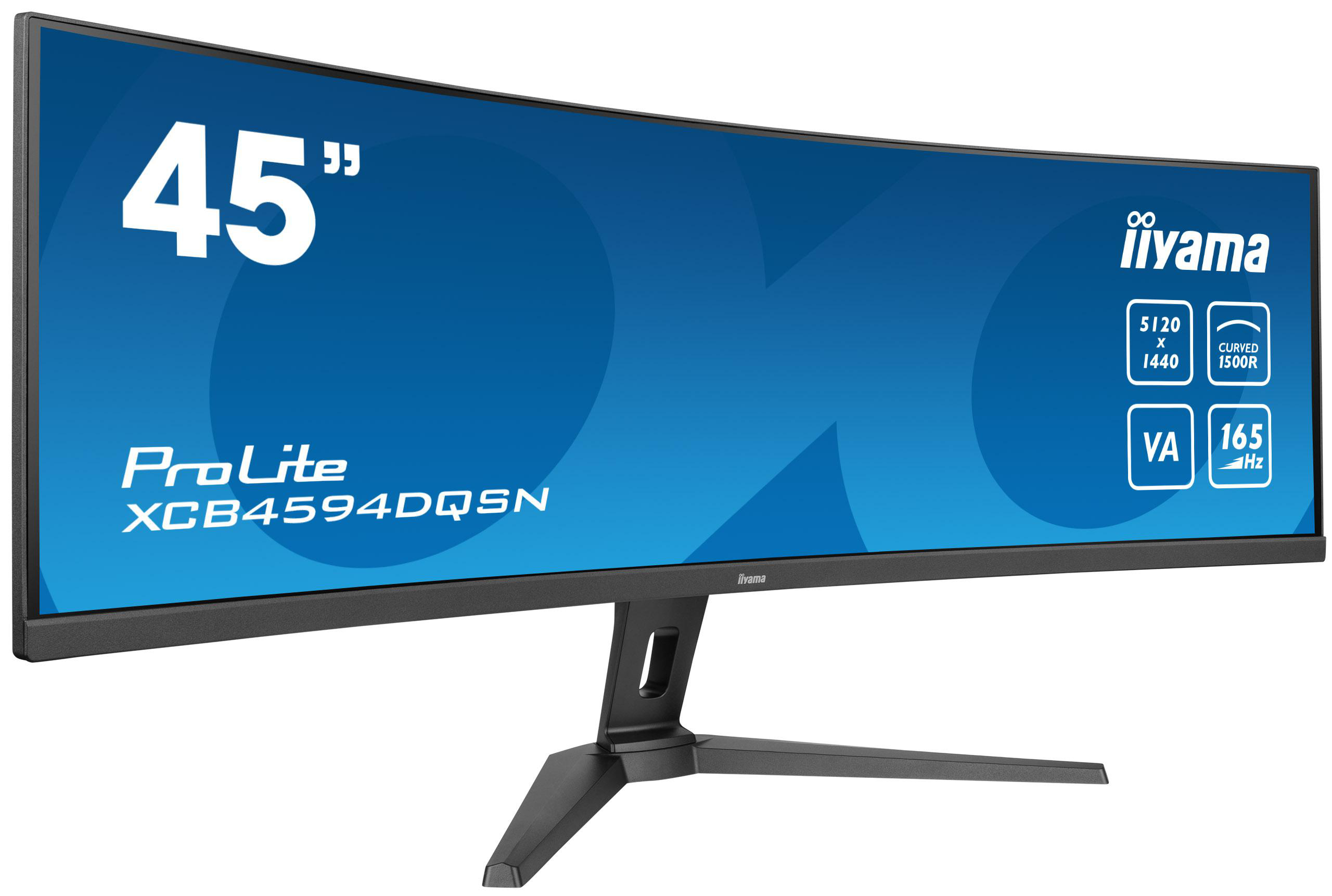 Gebogener Computermonitor mit schwarzem Rahmen und Ständer.