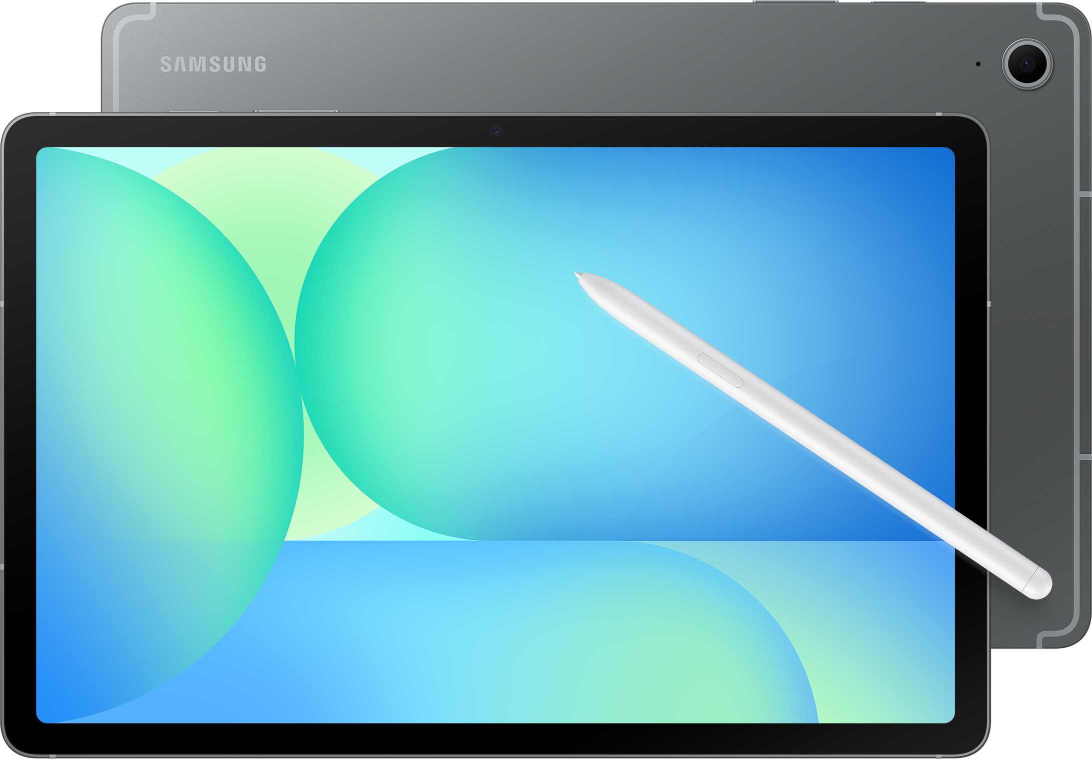 Ein Samsung-Tablet mit Stift auf blauem und grünem Hintergrund.