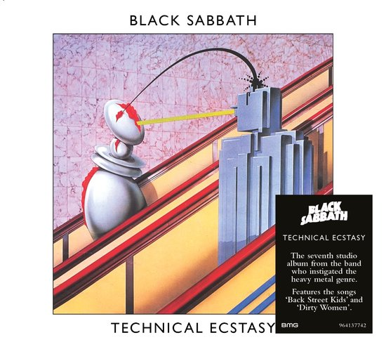 Pochette de l'album Black Sabbath. Une figure futuriste et des escaliers sont visibles. Nom de l'album : Technical Ecstasy.